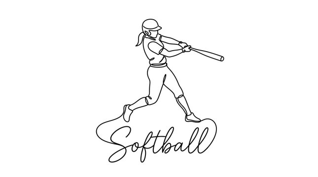 Minimalist Line Drawing of a Female Softball Player Swinging Bat Captured in Dynamic Motion