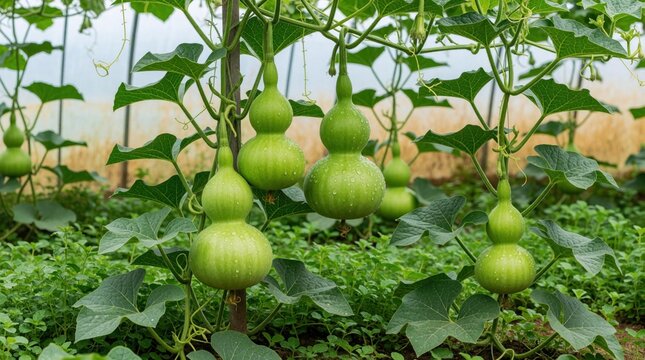 Green calabash gourds grow on vines inside plastic greenhouse. Fresh vegetable plants hang from trellis strings in organic farm. Raindrops cover raw squash surface during agricultural growth process.