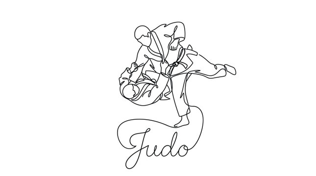 Dynamic line art illustration of two martial artists practicing judo with emphasis on movement and technique