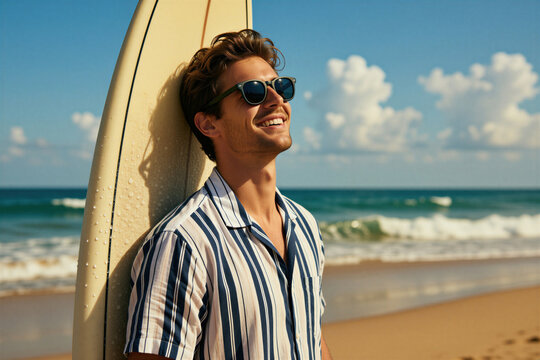 Happy young caucasian man wearing sunglasses, striped shirt holds surfboard on sunny beach. Smiling surfer enjoys summer vacation by blue ocean. Tropical seaside leisure lifestyle with warm sunlight,