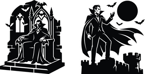 Fototapeta premium Gothic vampire sitting on throne and standing on castle rooftop vector