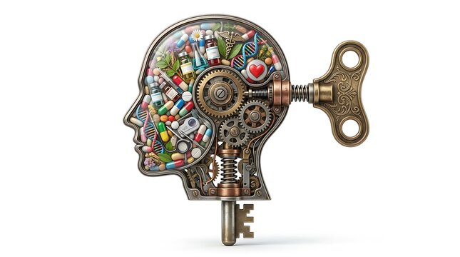 Conceptual illustration of a human head as a mechanical windup toy filled with medical pills, dna strands, and biological elements isolated on white background