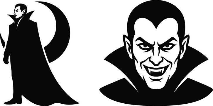 Vampire dracula vector illustration set with crescent moon and fanged face