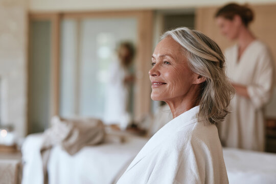 A serene woman with silver hair smiles gently as she enjoys a spa treatment, radiating tranquility and relaxation amidst a peaceful spa environment.