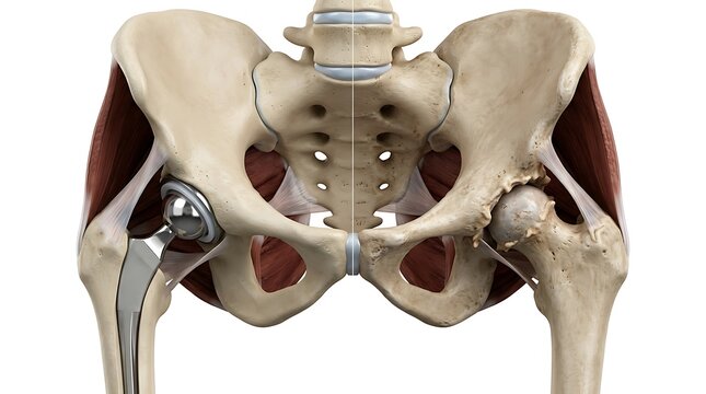 Comparison of a healthy human hip joint and a total hip replacement implant