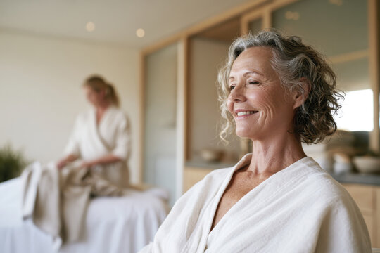 A joyful woman with curly hair sits peacefully, embodying contentment as she enjoys a rejuvenating spa treatment in a tranquil indoor setting.