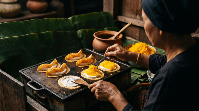 Senior woman cooking traditional Thai crispy pancake Khanom Buang on hot griddle in rustic kitchen