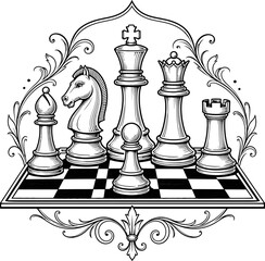 Vintage chess pieces on ornate board © Nahid