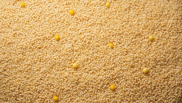Top view of couscous texture background. Dry cuscus design, raw kuskus backdrop, uncooked semolina granules with space for text.