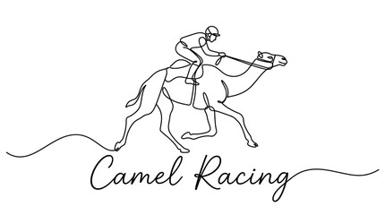Fototapeta premium Minimalist Line Art Illustration Depicting a Humorous Camel Race with Rider and Camel in Motion