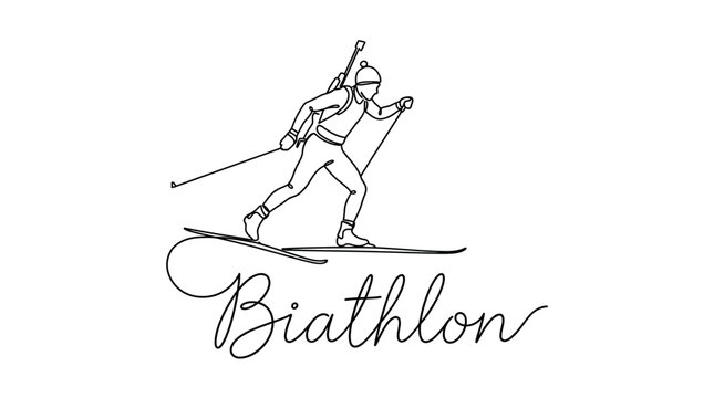 Elegant line art illustration of a biathlon athlete in motion with a dynamic script font emphasizing the sport's name suitable