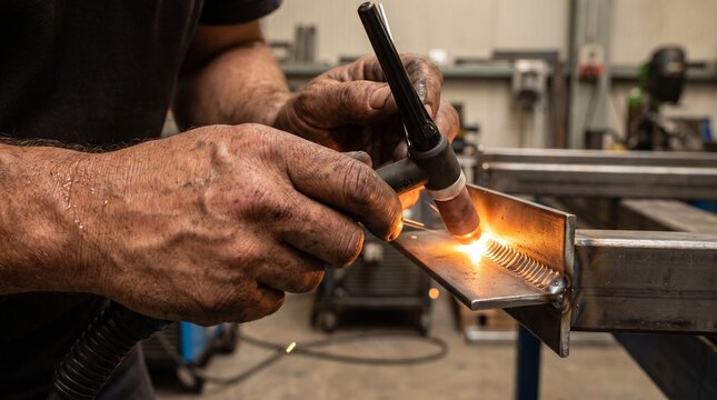 Extreme close-up of weathered, metal-dust-covered hands (male, any ethnicity, 40s) executing a perfect, precise weld. The contrast: hands are filthy, sweating, raw &mdash; but the weld is immaculate and bea