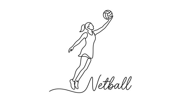 Stylized line drawing of a female athlete jumping to hit a volleyball with dynamic pose representing competitive netball play
