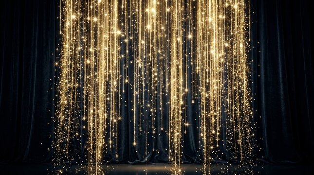 Abstract background with vertical glowing golden and green light lines and sparkling glitter particles on black