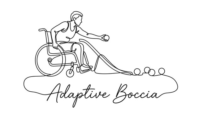 Line art design representing adaptive boccia athlete engaging in wheelchair sports event emphasizing flexibility and inclusive