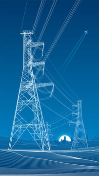 Modern blue line art illustration of high-voltage power lines with a smart city skyline. Clean vector style for energy, infrastructure, smart grid, utilities, and future technology.