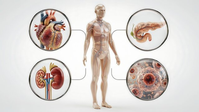 Human body anatomy with highlighted internal organs and cellular structure isolated on white background