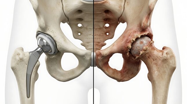 Comparison of a healthy hip joint with a hip replacement implant and a hip joint affected by severe osteoarthritis