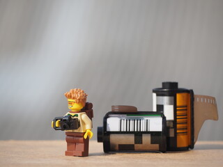 Fototapeta premium Indonesia - November 23, 2019 : Mini toy of action figure at outdoor with blurred background. Toy photography concept.