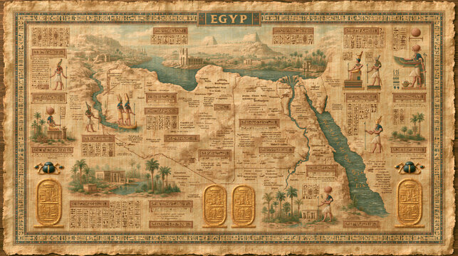 A vintage style map of ancient Egypt featuring detailed illustrations of historical landmarks 
