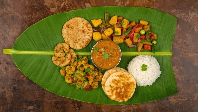 Tasty vegetarian Saraswat thali from Goa and Maharashtra featuring various vegetable dishes, dal curry, rice, poori, and potato batata kapa on a banana leaf atop a brown table.