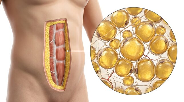 3d medical illustration of abdominal fat and muscle with magnified view of adipocytes