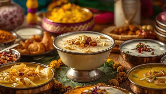 Tasty homemade Kerala festival dishes like semiya payasam, vermicelli desserts, khir, sheer khurma, seviyan mithai, and firni for Eid and Diwali in India and Asia.