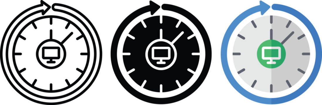 Digital Screen Time Icon Set Featuring Computer Activity Timer, Time Tracking and Productivity. Editable Glyph Icons. Vector Illustration.