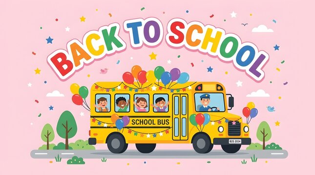 Yellow school bus with children driving on road back to school, children
