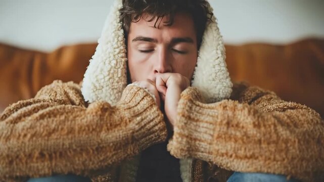 Young caucasian man in cozy sweater sitting on couch with pensive look