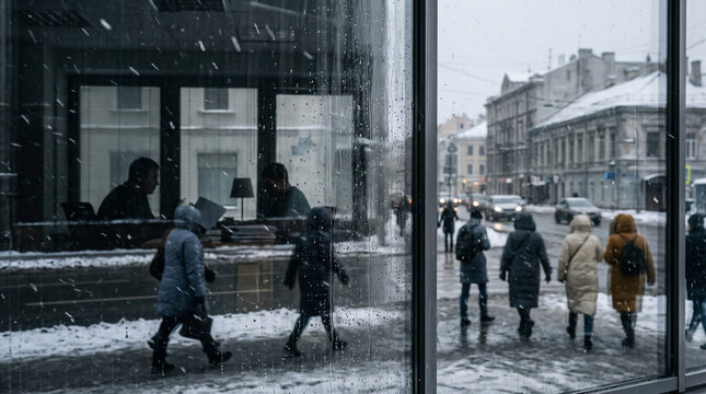 Office window reflections on snowy city street