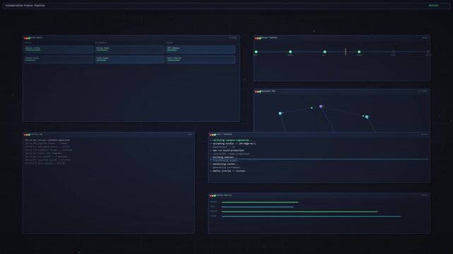 Animated developer dashboard showing sprint board, release timeline, deployment map and build terminal on a dark interface, cinematic UI overlay for tech marketing videos
