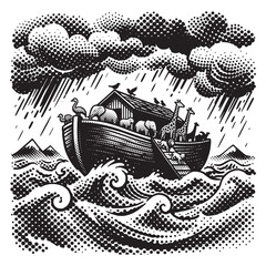 Naklejka premium Noah's Ark Bible Story Illustration in Halftone Rasterized Screenprint Style with Dots and Stippling Texture