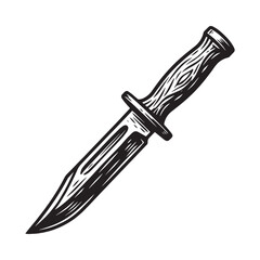 Obraz premium Vintage Woodcut Engraved Illustration of a Hunting Knife with Carved Wooden Handle, Relief Printmaking Style Vector Art