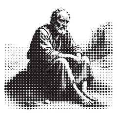 Fototapeta premium Artistic monochrome portrait of a sitting man using halftone dots, rasterized patterns, stippling effects, and screenprint texture for a vintage graphic look