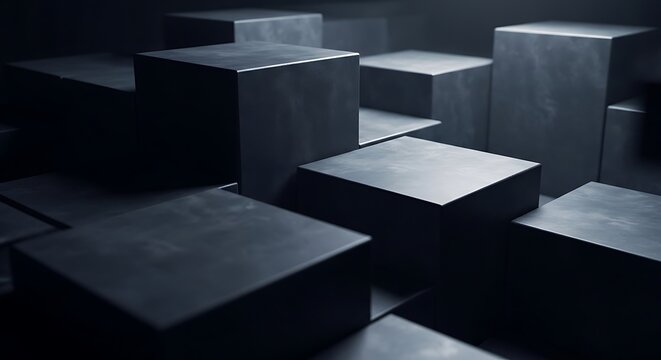 Abstract, geometric composition of various-sized dark cubes in a moody, low-lit environment
