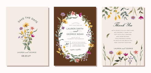 Obraz premium wedding invitation card set with beautiful wildflower watercolor
