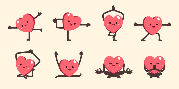 Cute heart character yoga pose set cartoon vector illustration