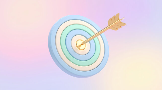 Clean 3D isometric target icon with golden arrow hitting the center bullseye on pastel background