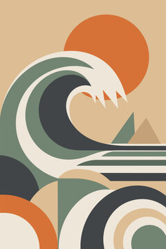 Vertical vector illustration of a stylized ocean wave under a large sun. Geometric shapes in sage green and orange create a minimalist mid-century modern aesthetic.