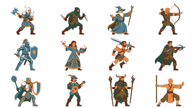 Colorful fantasy RPG adventurer character sprites and classes.