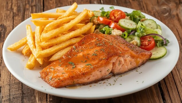 Salmon steak, fries, and salad on a white plate atop a wooden table.