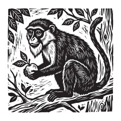Fototapeta premium Woodcut engraved relief carved printmaking illustration of a monkey sitting on a tree branch holding a piece of fruit in a black and white monochrome style.