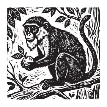 Woodcut engraved relief carved printmaking illustration of a monkey sitting on a tree branch holding a piece of fruit in a black and white monochrome style.