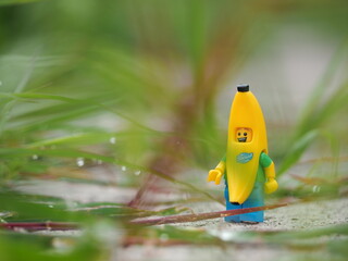 Fototapeta premium Indonesia - February 14, 2023 : Mini toy figure of banana character at outdoor with blurred background. Toy photography concept design.