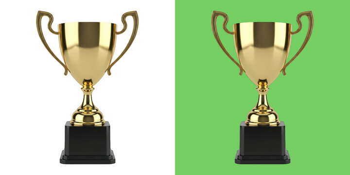 Golden trophy cups on black pedestals award design