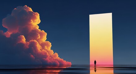 Obraz premium Surreal Concept of a Man Standing Before a Glowing Portal in a Dramatic Sunset Sky with Large Clouds