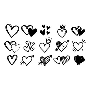 Cute Hand Drawn Heart Doodles with Arrows and Crowns - Vector Love Symbols and Line Art Accents