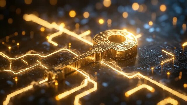 Digital key on circuit board background with glowing elements. The concept of mysticism, astrology, fortune-telling, shamanism, tarot, seers, clairvoyants