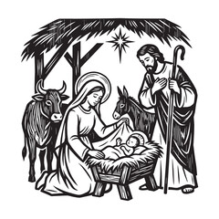 Obraz premium Nativity scene with Mary Joseph and baby Jesus in a woodcut engraved relief style printmaking illustration isolated on white background